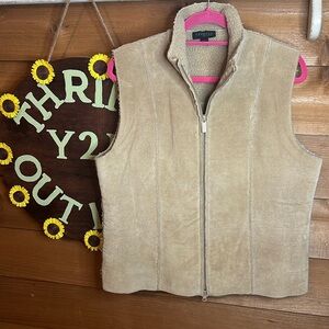 Express Vintage Y2K Leather Zip Vest Sherpa Lined Tan Western Boho 00s Fuzzy